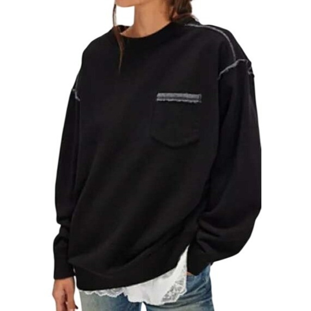 Free People We The Free Wallace Pullover Sweatshirt XS Black Slouchy Relaxed Fit